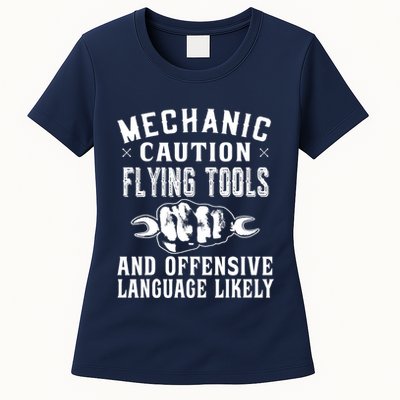 Mechanic Caution Flying Tools Funny Auto Mechanic Womens T-Shirt