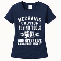 Mechanic Caution Flying Tools Funny Auto Mechanic Womens T-Shirt