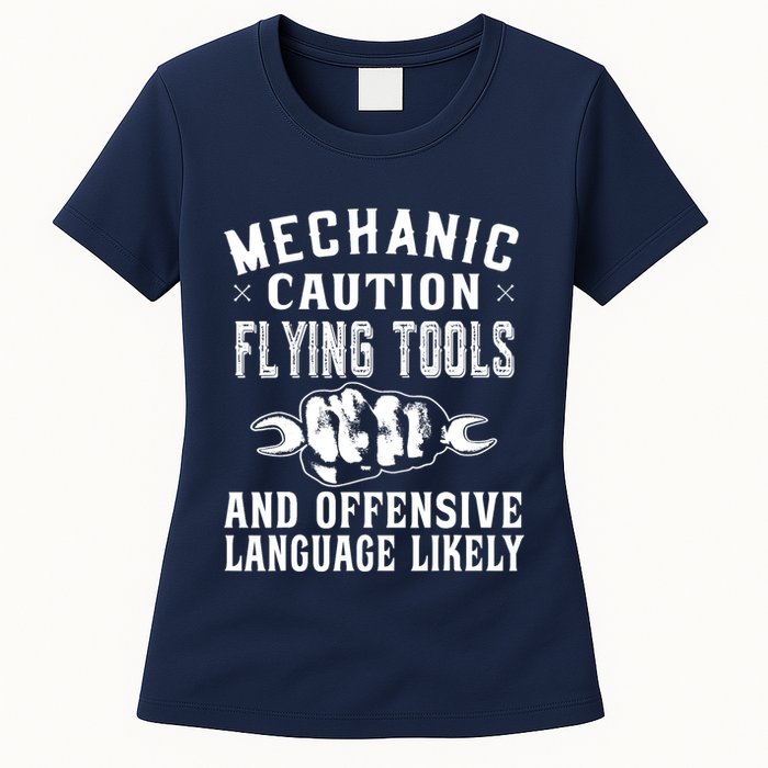 Mechanic Caution Flying Tools Funny Auto Mechanic Womens T-Shirt
