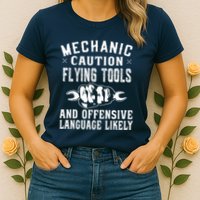 Mechanic Caution Flying Tools Funny Auto Mechanic Womens T-Shirt