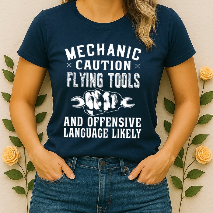 Mechanic Caution Flying Tools Funny Auto Mechanic Womens T-Shirt