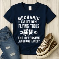 Mechanic Caution Flying Tools Funny Auto Mechanic Womens T-Shirt