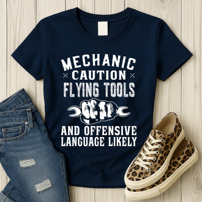 Mechanic Caution Flying Tools Funny Auto Mechanic Womens T-Shirt