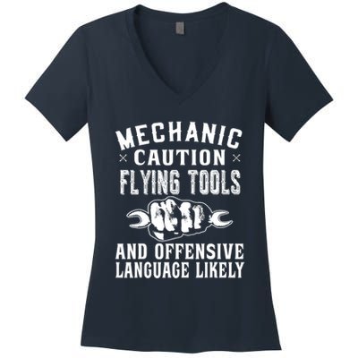 Mechanic Caution Flying Tools Funny Auto Mechanic Women's V-Neck T-Shirt