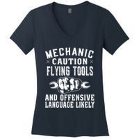 Mechanic Caution Flying Tools Funny Auto Mechanic Women's V-Neck T-Shirt