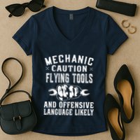 Mechanic Caution Flying Tools Funny Auto Mechanic Women's V-Neck T-Shirt
