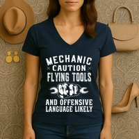 Mechanic Caution Flying Tools Funny Auto Mechanic Women's V-Neck T-Shirt