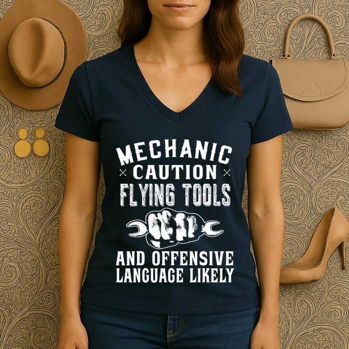 Mechanic Caution Flying Tools Funny Auto Mechanic Women's V-Neck T-Shirt