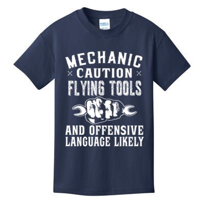 Mechanic Caution Flying Tools Funny Auto Mechanic Kids T-Shirt