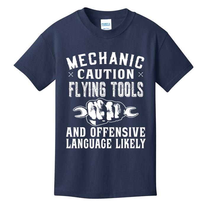 Mechanic Caution Flying Tools Funny Auto Mechanic Kids T-Shirt