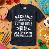 Mechanic Caution Flying Tools Funny Auto Mechanic Kids T-Shirt