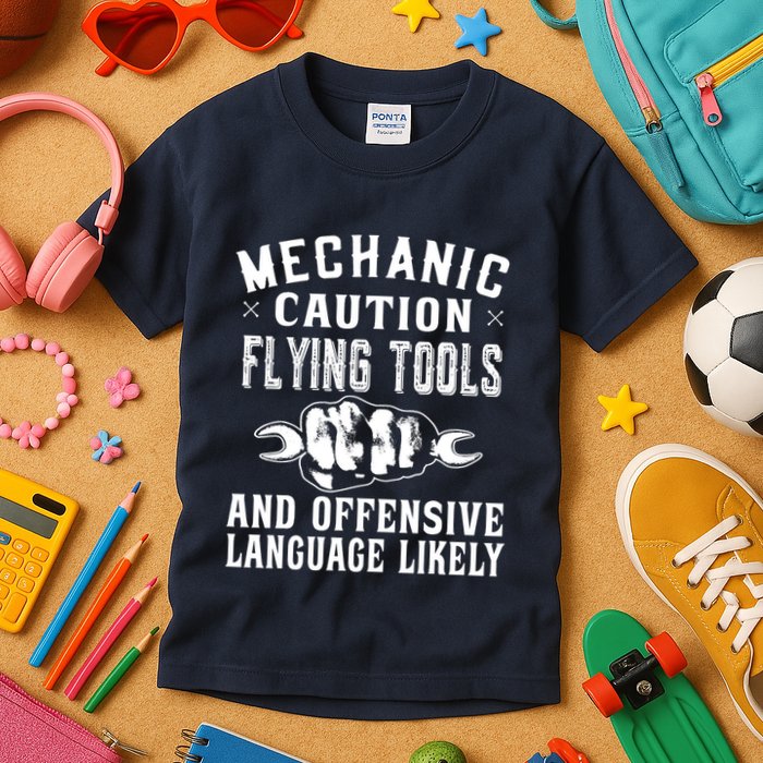 Mechanic Caution Flying Tools Funny Auto Mechanic Kids T-Shirt