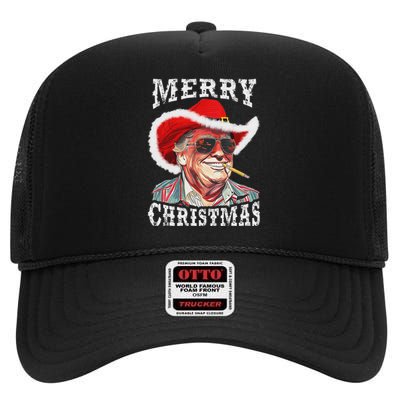 Merry Christmas Funny Trump Western Cowboy Matching Family High Crown Mesh Back Trucker Hat