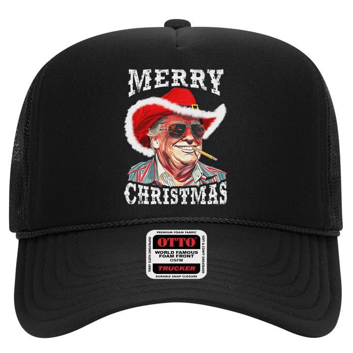 Merry Christmas Funny Trump Western Cowboy Matching Family High Crown Mesh Back Trucker Hat