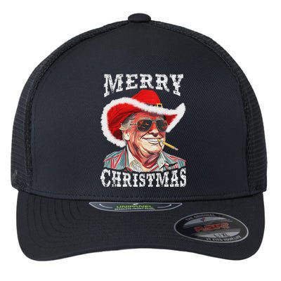 Merry Christmas Funny Trump Western Cowboy Matching Family Flexfit Unipanel Trucker Cap