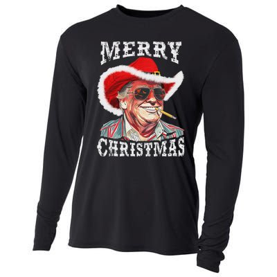 Merry Christmas Funny Trump Western Cowboy Matching Family Cooling Performance Long Sleeve Crew