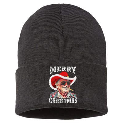 Merry Christmas Funny Trump Western Cowboy Matching Family Sustainable Knit Beanie