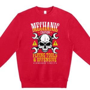 Mechanic Caution Flying Tools Car Mechanics Auto Mechanics Premium Crewneck Sweatshirt