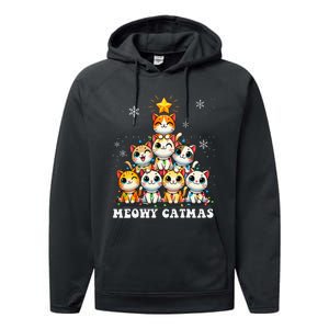 Meowy Catmas Funny Christmas Tree Lights Cute Cat Lover Xmas Gift Performance Fleece Hoodie