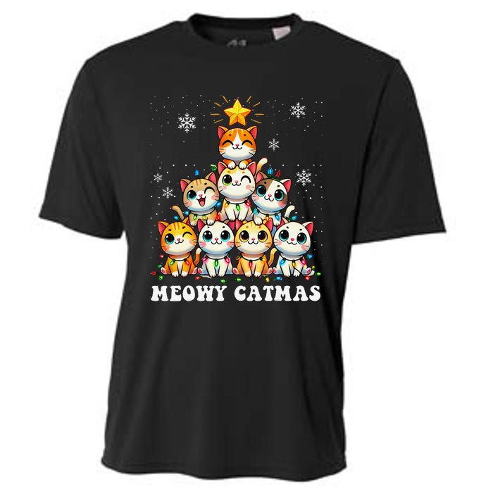 Meowy Catmas Funny Christmas Tree Lights Cute Cat Lover Xmas Gift Cooling Performance Crew T-Shirt