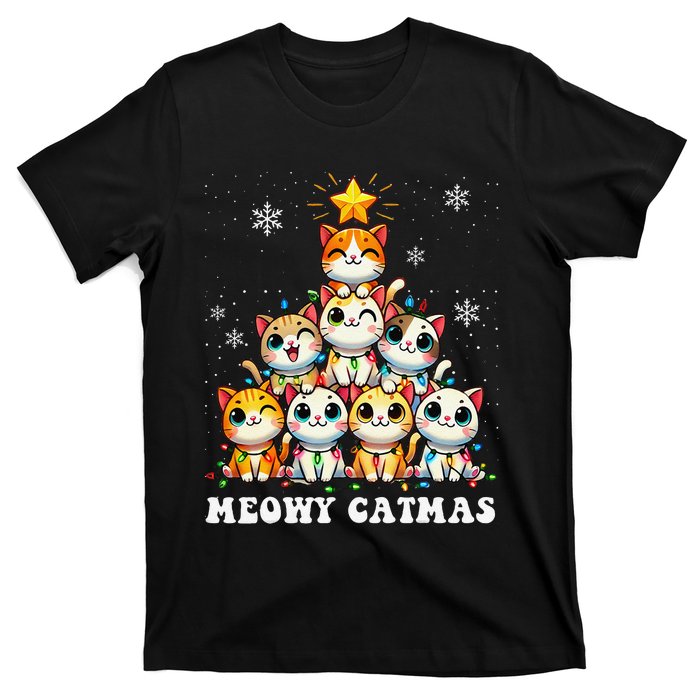 Meowy Catmas Funny Christmas Tree Lights Cute Cat Lover Xmas Gift T-Shirt