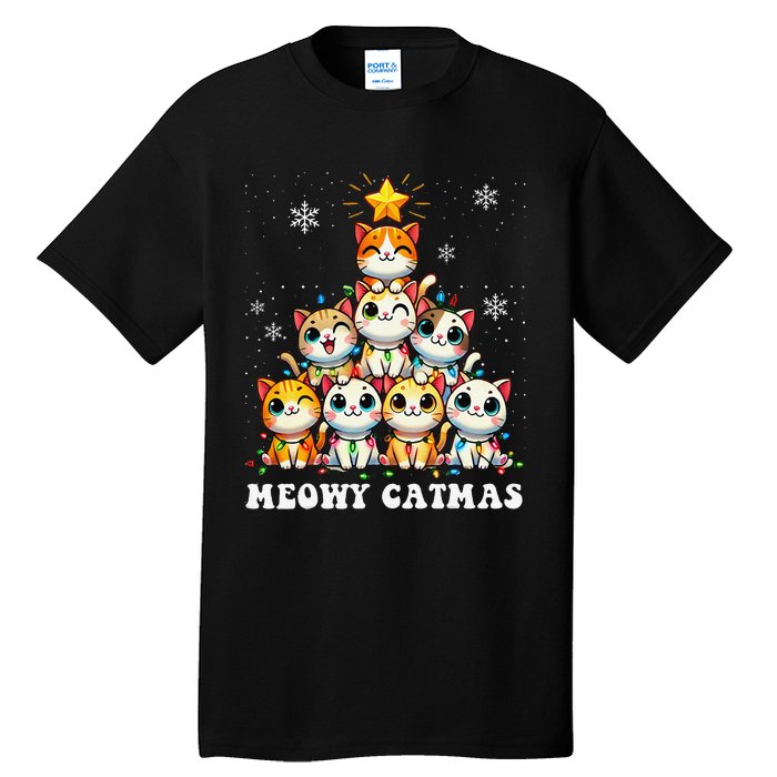 Meowy Catmas Funny Christmas Tree Lights Cute Cat Lover Xmas Gift Tall T-Shirt