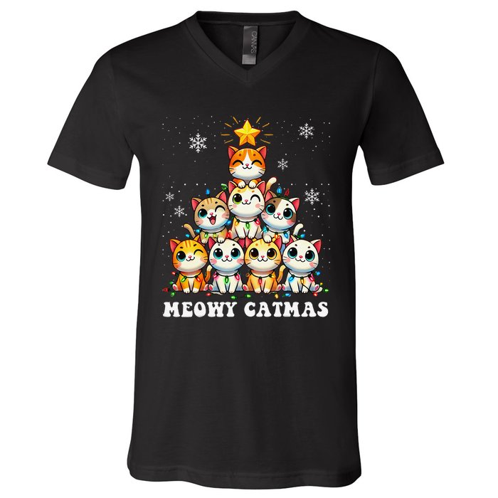 Meowy Catmas Funny Christmas Tree Lights Cute Cat Lover Xmas Gift V-Neck T-Shirt