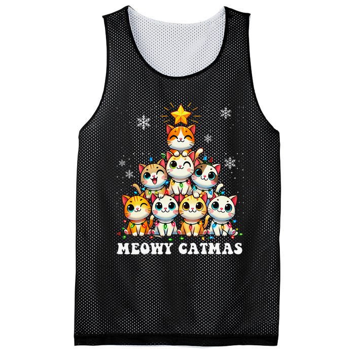 Meowy Catmas Funny Christmas Tree Lights Cute Cat Lover Xmas Gift Mesh Reversible Basketball Jersey Tank