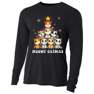 Meowy Catmas Funny Christmas Tree Lights Cute Cat Lover Xmas Gift Cooling Performance Long Sleeve Crew