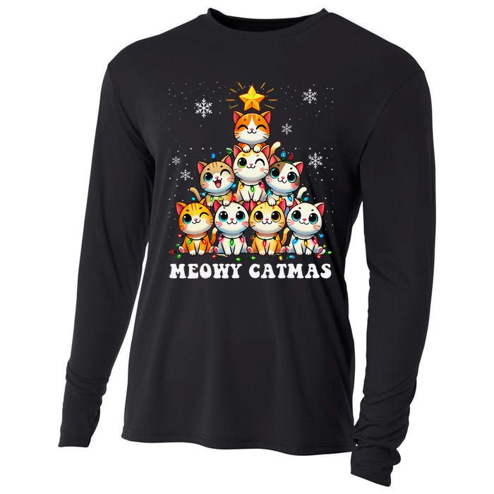 Meowy Catmas Funny Christmas Tree Lights Cute Cat Lover Xmas Gift Cooling Performance Long Sleeve Crew