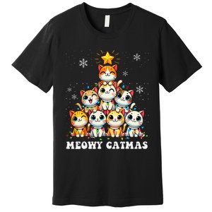 Meowy Catmas Funny Christmas Tree Lights Cute Cat Lover Xmas Gift Premium T-Shirt