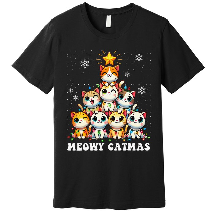 Meowy Catmas Funny Christmas Tree Lights Cute Cat Lover Xmas Gift Premium T-Shirt