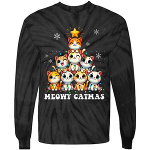 Meowy Catmas Funny Christmas Tree Lights Cute Cat Lover Xmas Gift Tie-Dye Long Sleeve Shirt