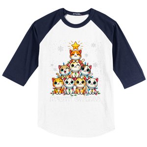 Meowy Catmas Funny Christmas Tree Lights Cute Cat Lover Xmas Gift Baseball Sleeve Shirt