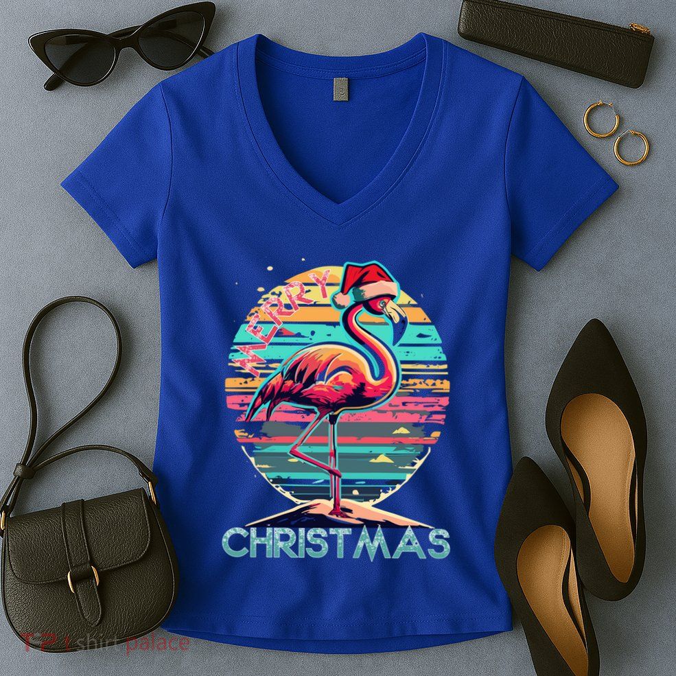 Merry Christmas Flamingo Pink Flamingo Christmas Xmas Gift Women's V-Neck T-Shirt