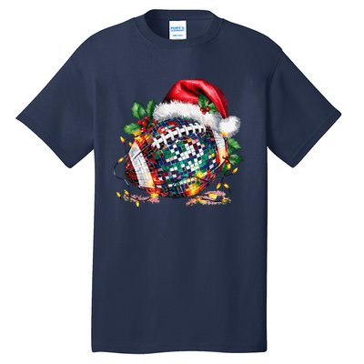 Merry Christmas Football Disco Ball Santa Hat Xmas Light Tall T-Shirt