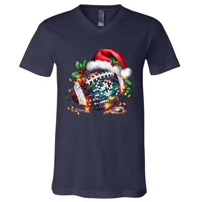 Merry Christmas Football Disco Ball Santa Hat Xmas Light V-Neck T-Shirt