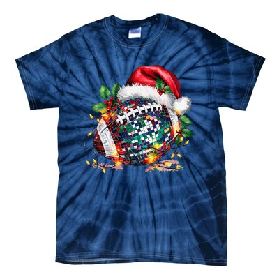 Merry Christmas Football Disco Ball Santa Hat Xmas Light Tie-Dye T-Shirt