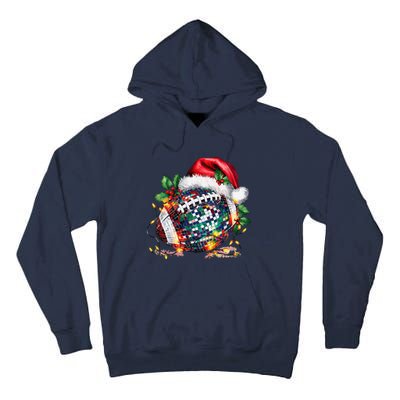 Merry Christmas Football Disco Ball Santa Hat Xmas Light Tall Hoodie