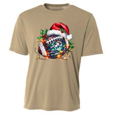 Merry Christmas Football Disco Ball Santa Hat Xmas Light Cooling Performance Crew T-Shirt