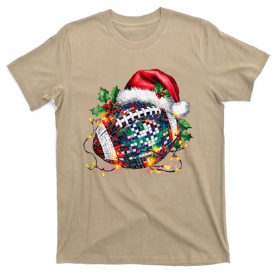 Merry Christmas Football Disco Ball Santa Hat Xmas Light T-Shirt