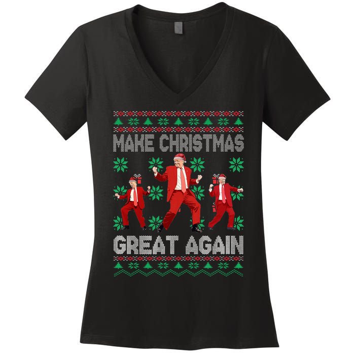 Make Christmas Great Again Santa Trump Dance Ugly Sweater Women's V-Neck T-Shirt