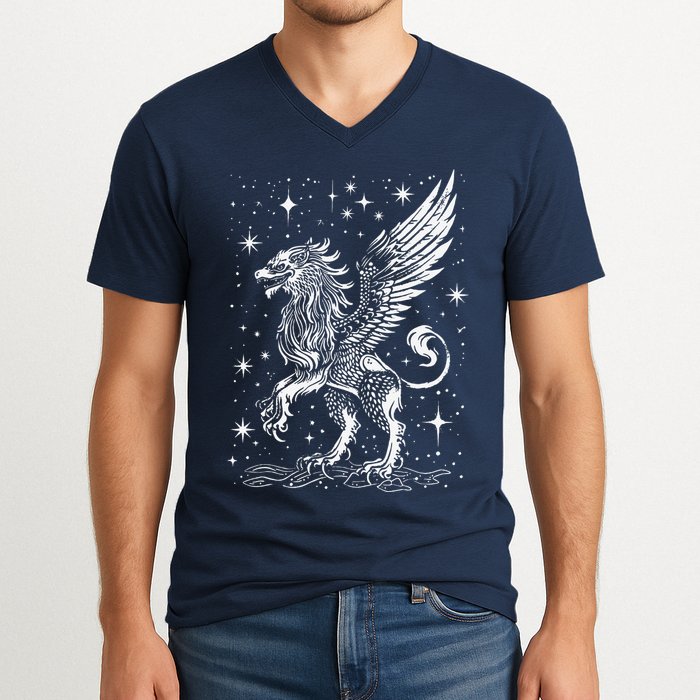 Mystical Creepy Gryphon Greek Mythical Creature V-Neck T-Shirt