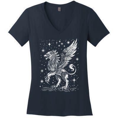 Mystical Creepy Gryphon Greek Mythical Creature Women's V-Neck T-Shirt