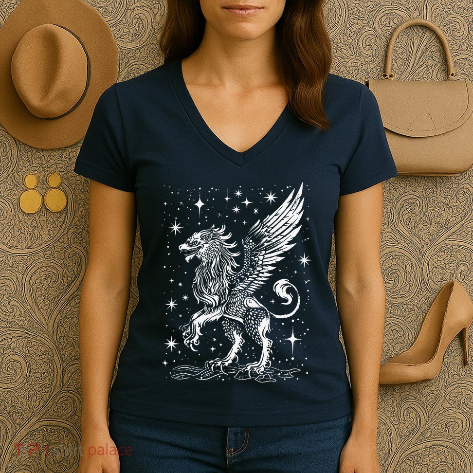 Mystical Creepy Gryphon Greek Mythical Creature Women's V-Neck T-Shirt