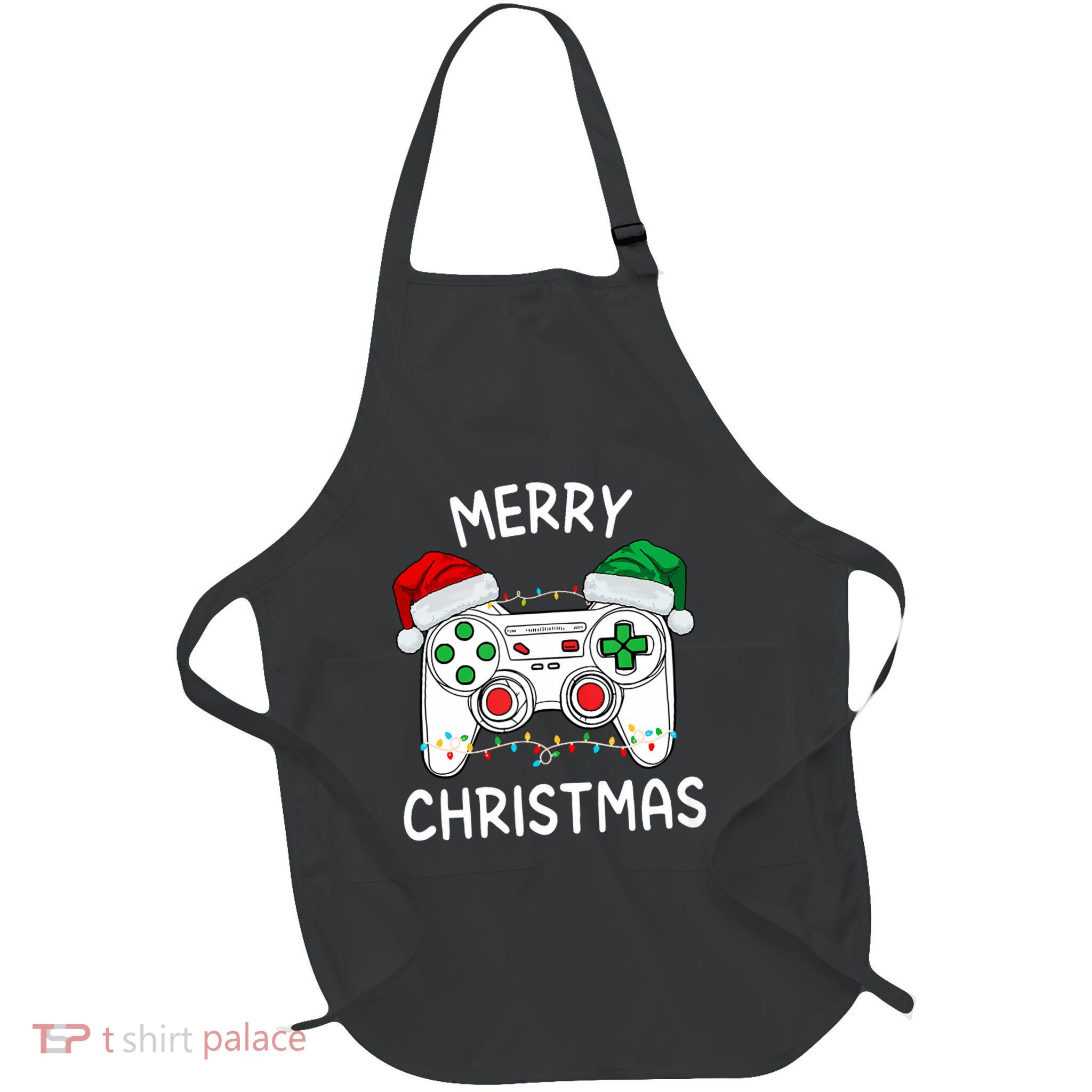 Merry Christmas Gamer Video Gaming Controller Santa Hat Xmas Tank Top Full-Length Apron With Pockets