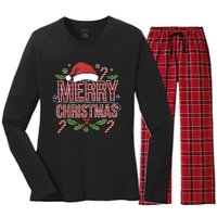 Merry Christmas Gifts Lights Red Santa Hat For Tank Top Women's Long Sleeve Flannel Pajama Set 