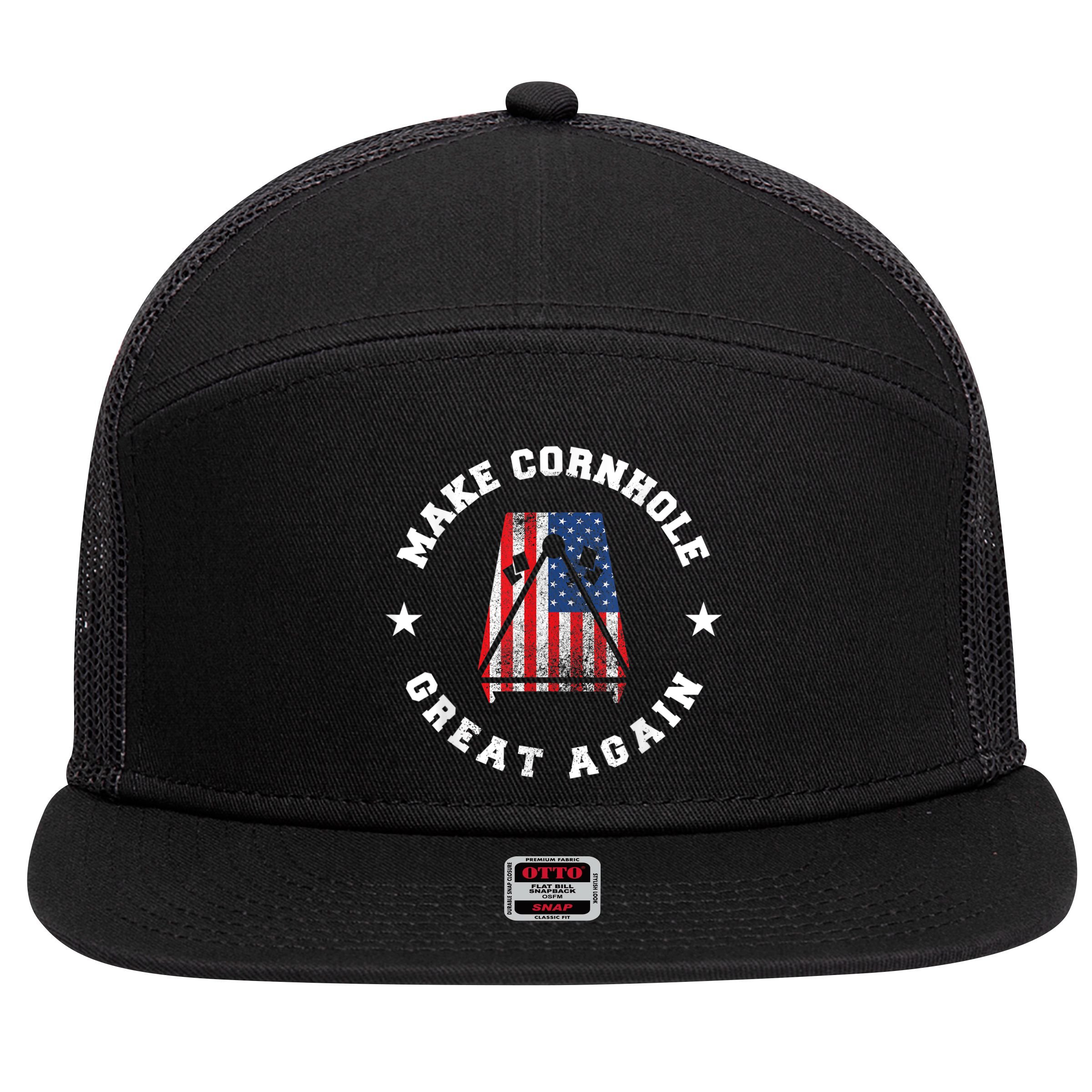 Make Cornhole Great Again Funny USA 7 Panel Mesh Trucker Snapback Hat