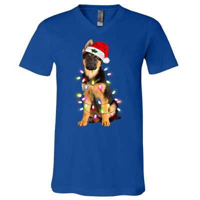 Merry Christmas Ger Shepherd Santa Hat Lights Xmas Funny Gift V-Neck T-Shirt