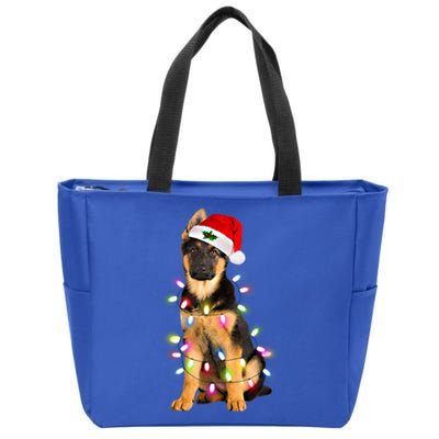 Merry Christmas Ger Shepherd Santa Hat Lights Xmas Funny Gift Zip Tote Bag